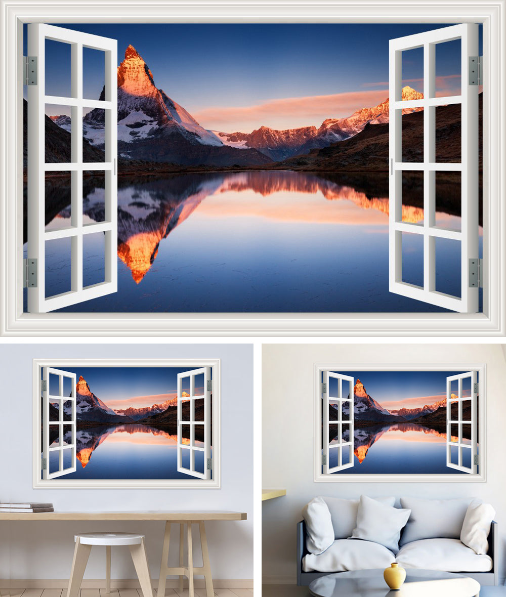 3D Window View Wall Sticker in Alpine Lake Sunset