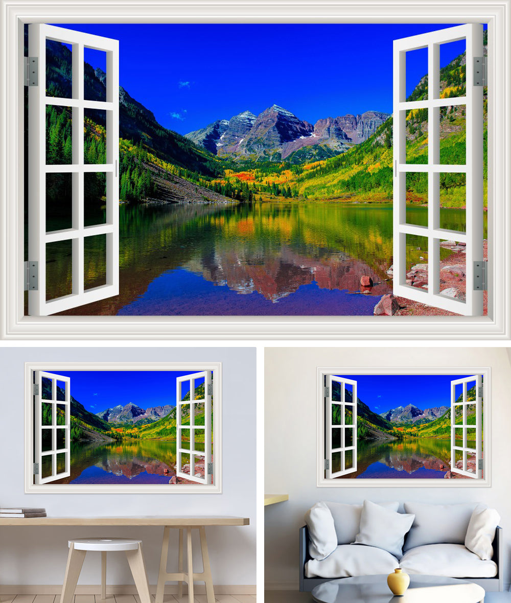 3D Window View Wall Sticker in Maroon Peaks Autumn