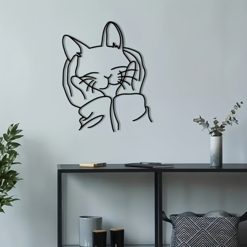 Human & Cat Bond Line Art Metal Wall Art