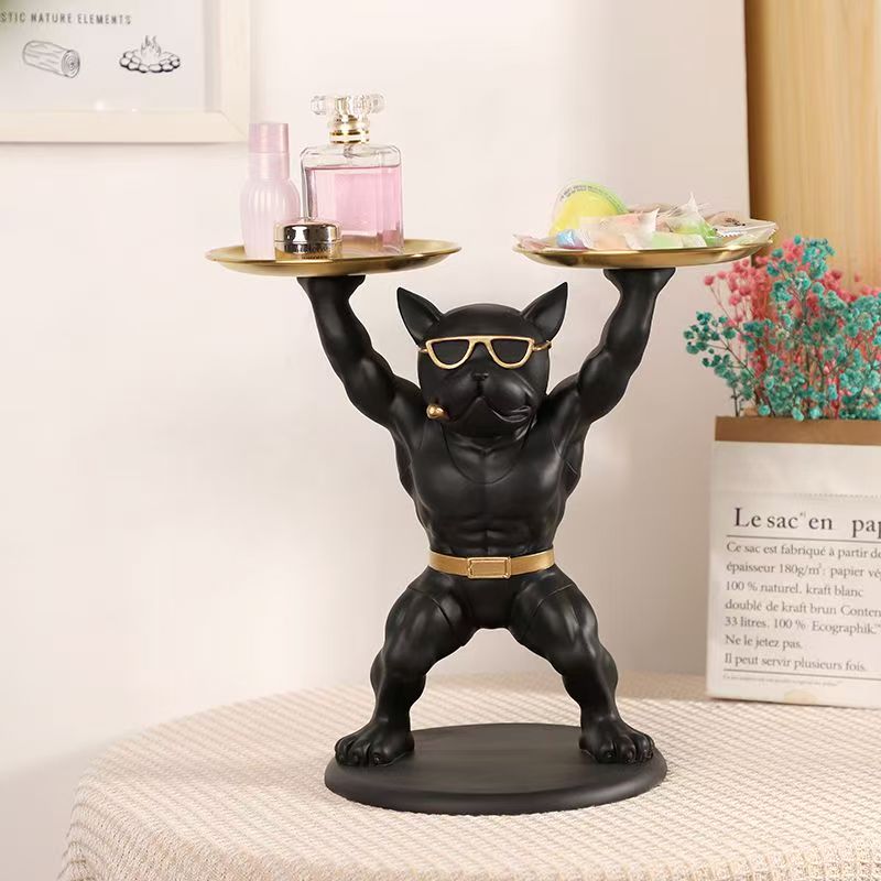Muscular French Bulldog Butler Tray Statue