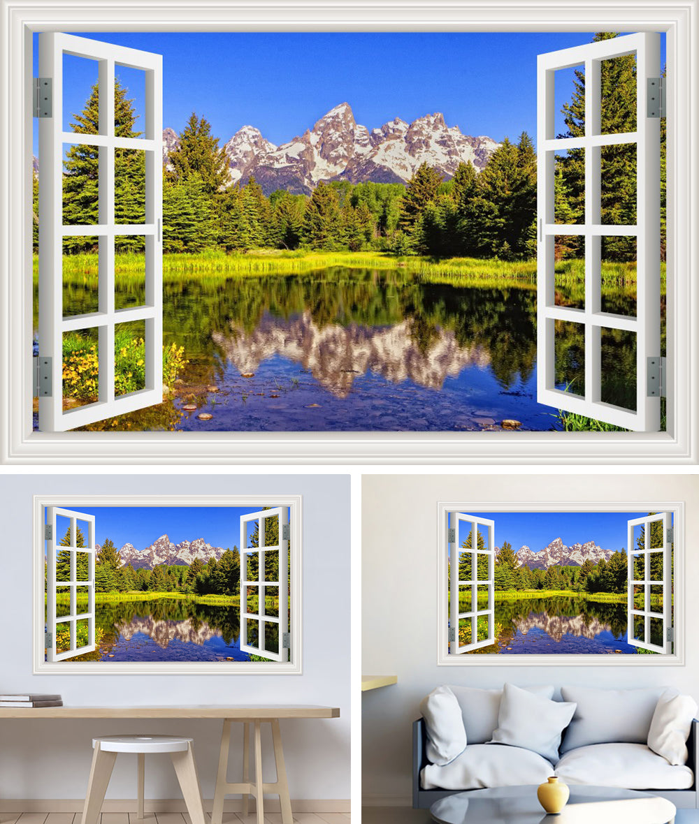 Mountain Lake Reflection 3D Window Effect Wall Sticker