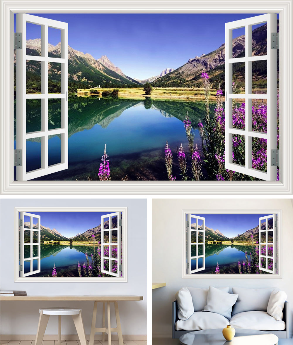 3D Window View Wall Sticker in Wildflower Mountain Lake