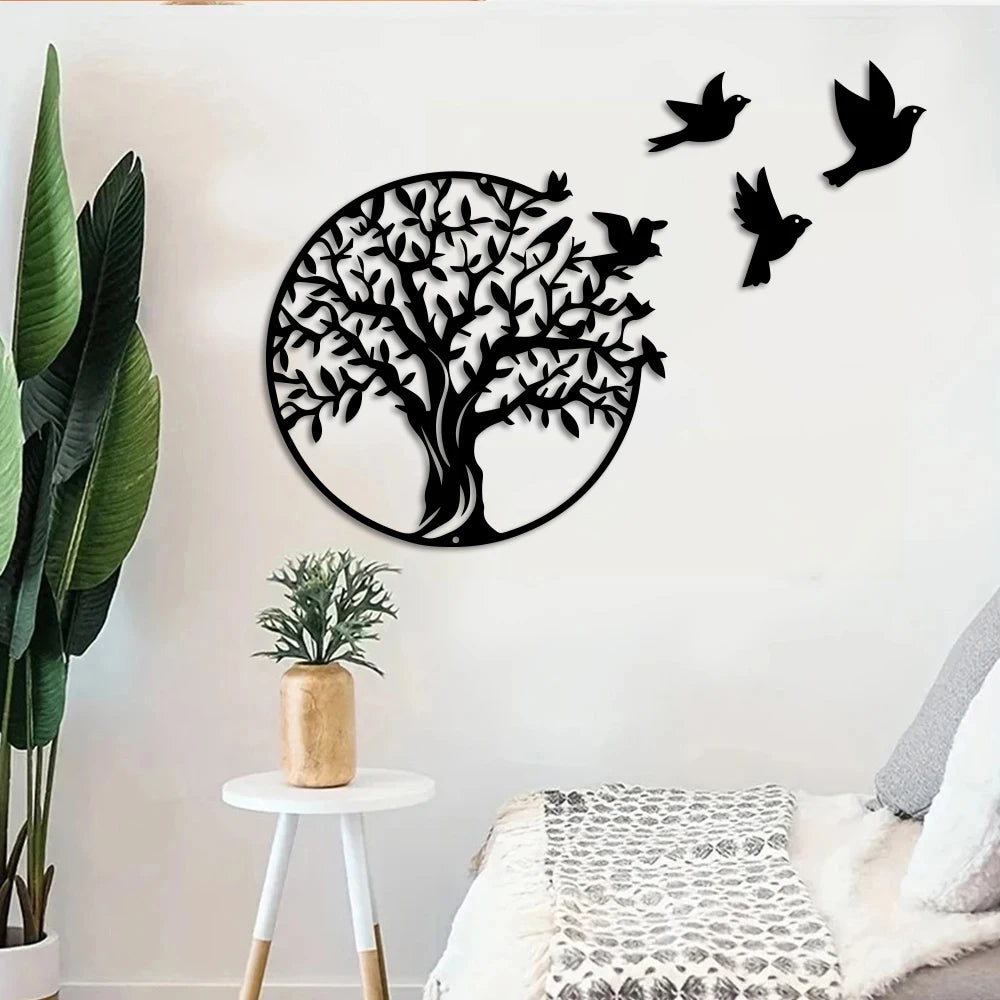 Tree of Life and Flying Birds Metal Wall Art