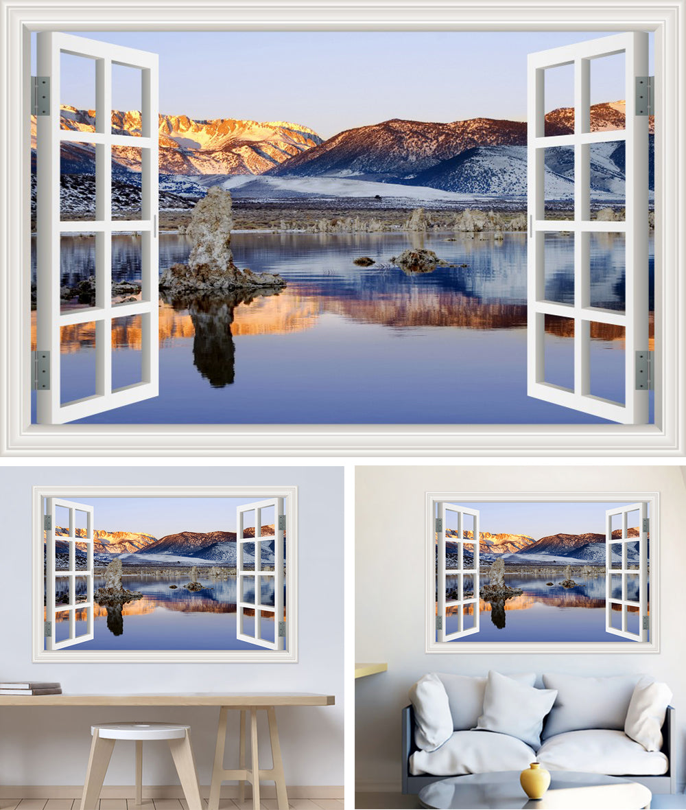 3D Window View Wall Sticker in Mirror Lake Golden Hour