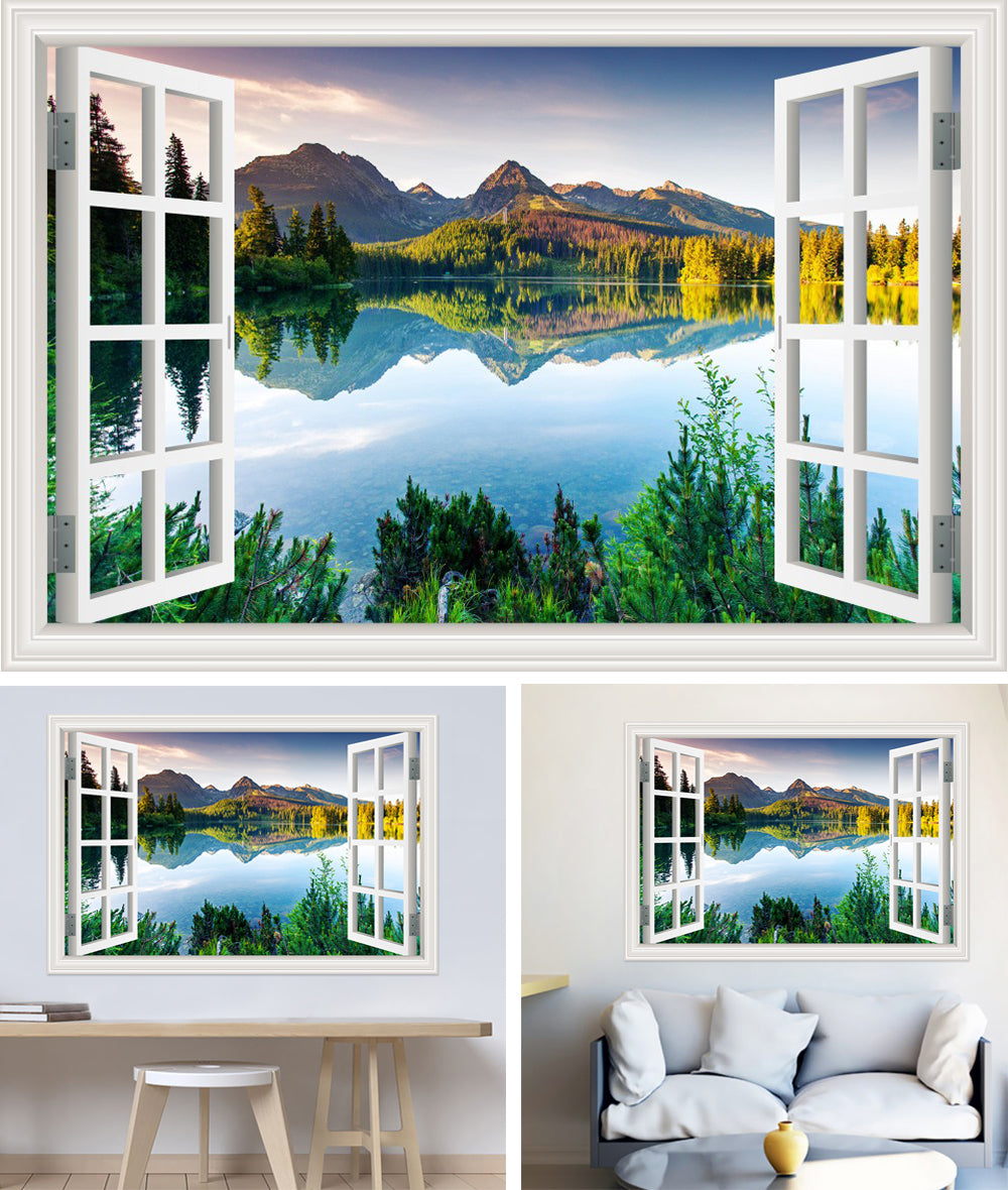 3D Window View Wall Sticker in Alpine Lake Dawn