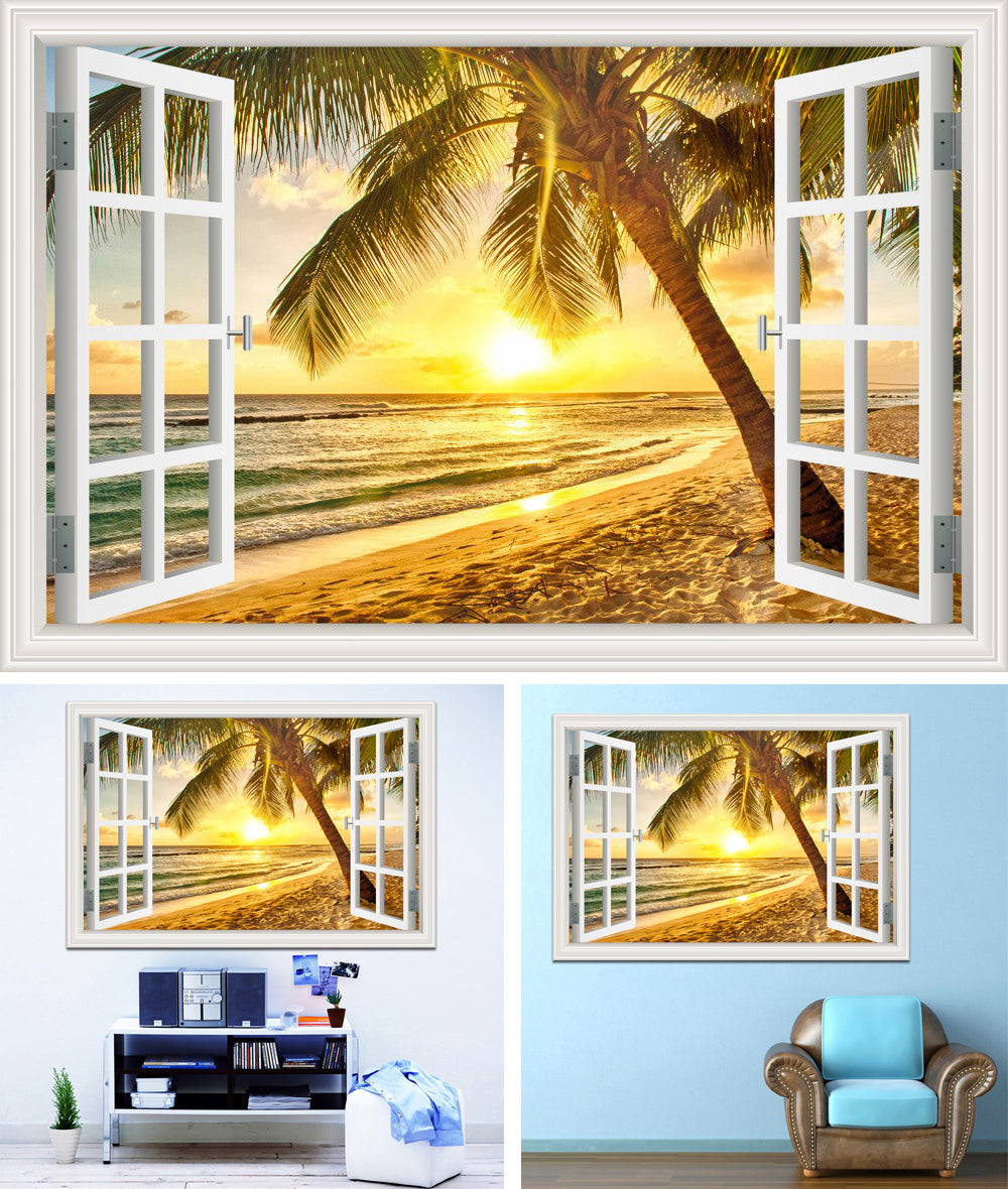 Tropical Beach Sunset 3D Window Effect Wall Sticker