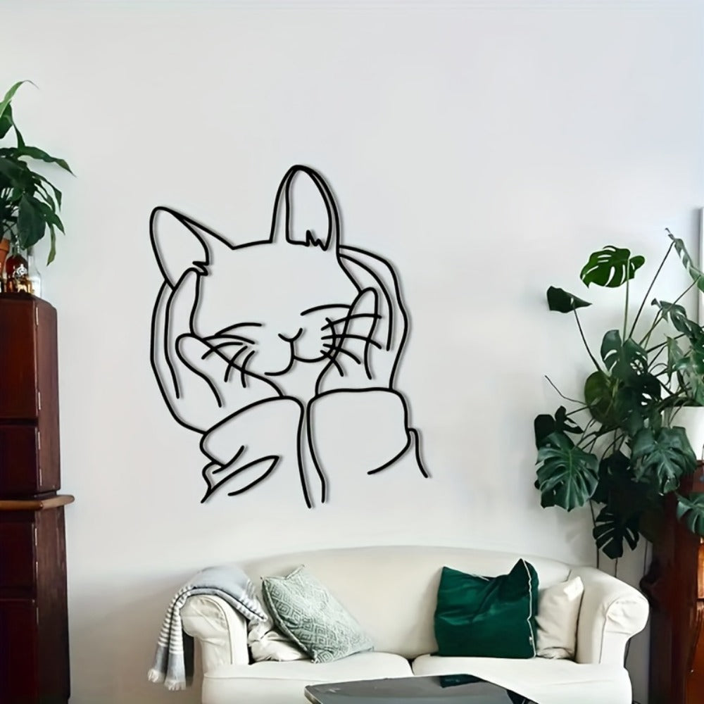 Human & Cat Bond Line Art Metal Wall Art