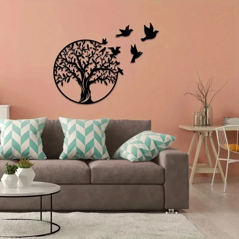 Tree of Life and Flying Birds Metal Wall Art
