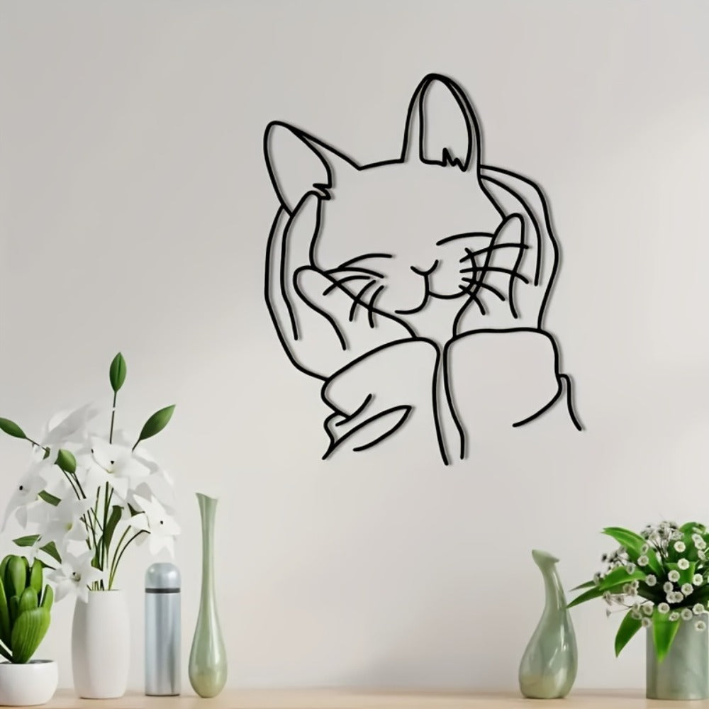 Human & Cat Bond Line Art Metal Wall Art