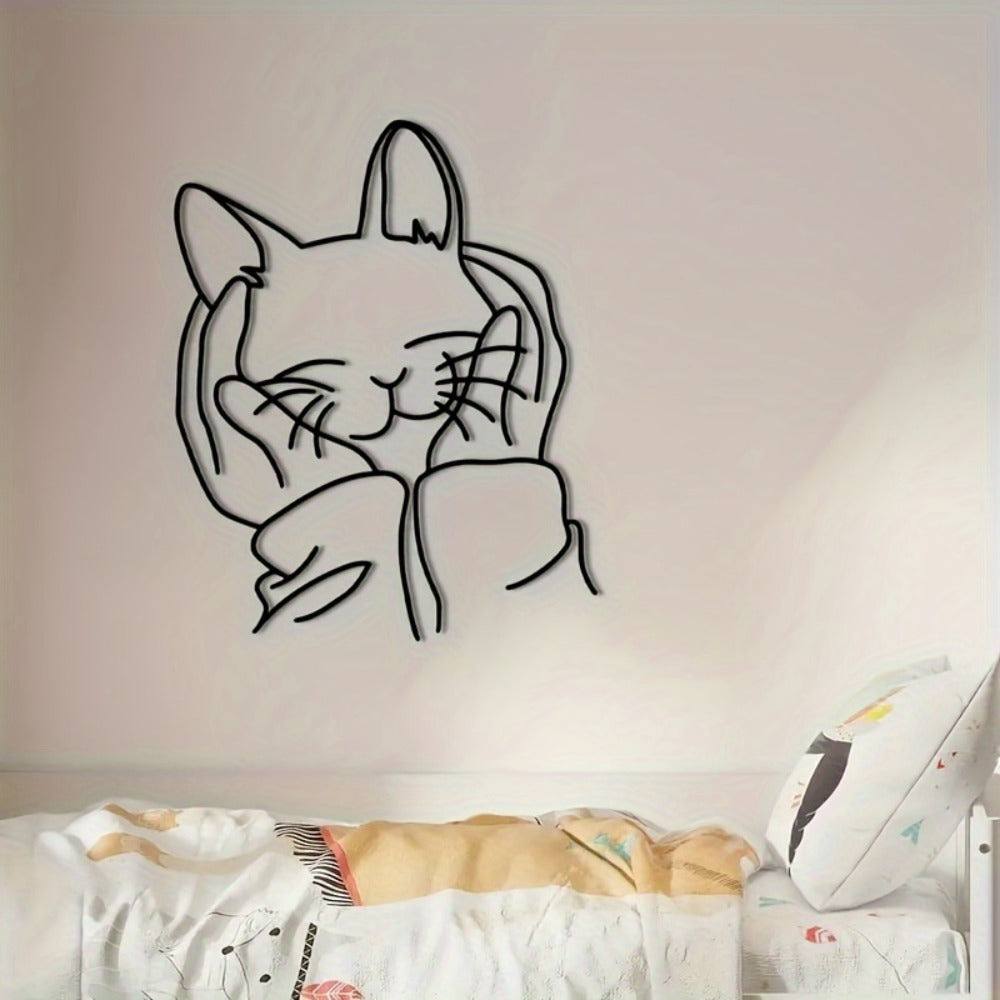 Human & Cat Bond Line Art Metal Wall Art