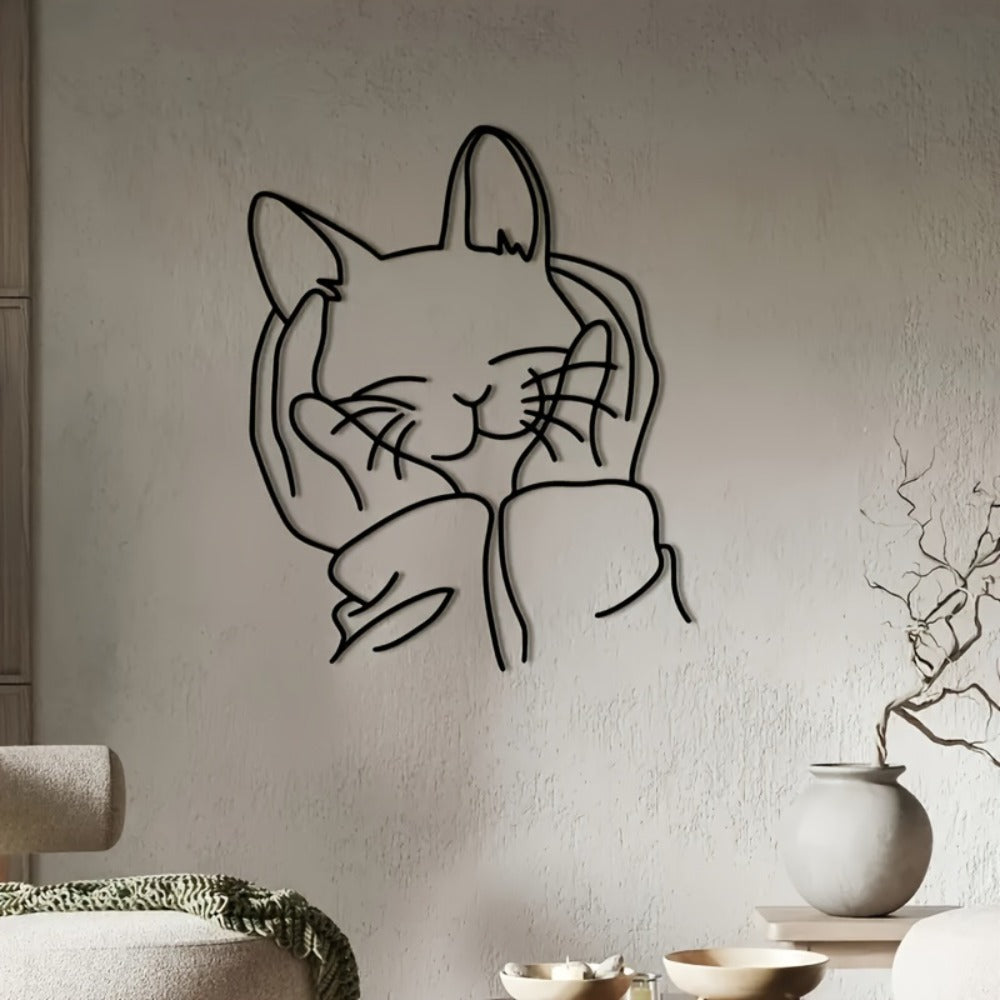 Human & Cat Bond Line Art Metal Wall Art