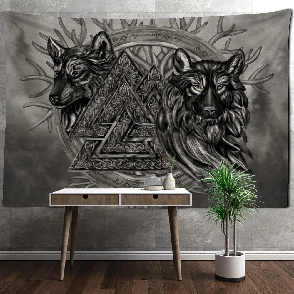 Wolves Valknut Antlers Tapestry
