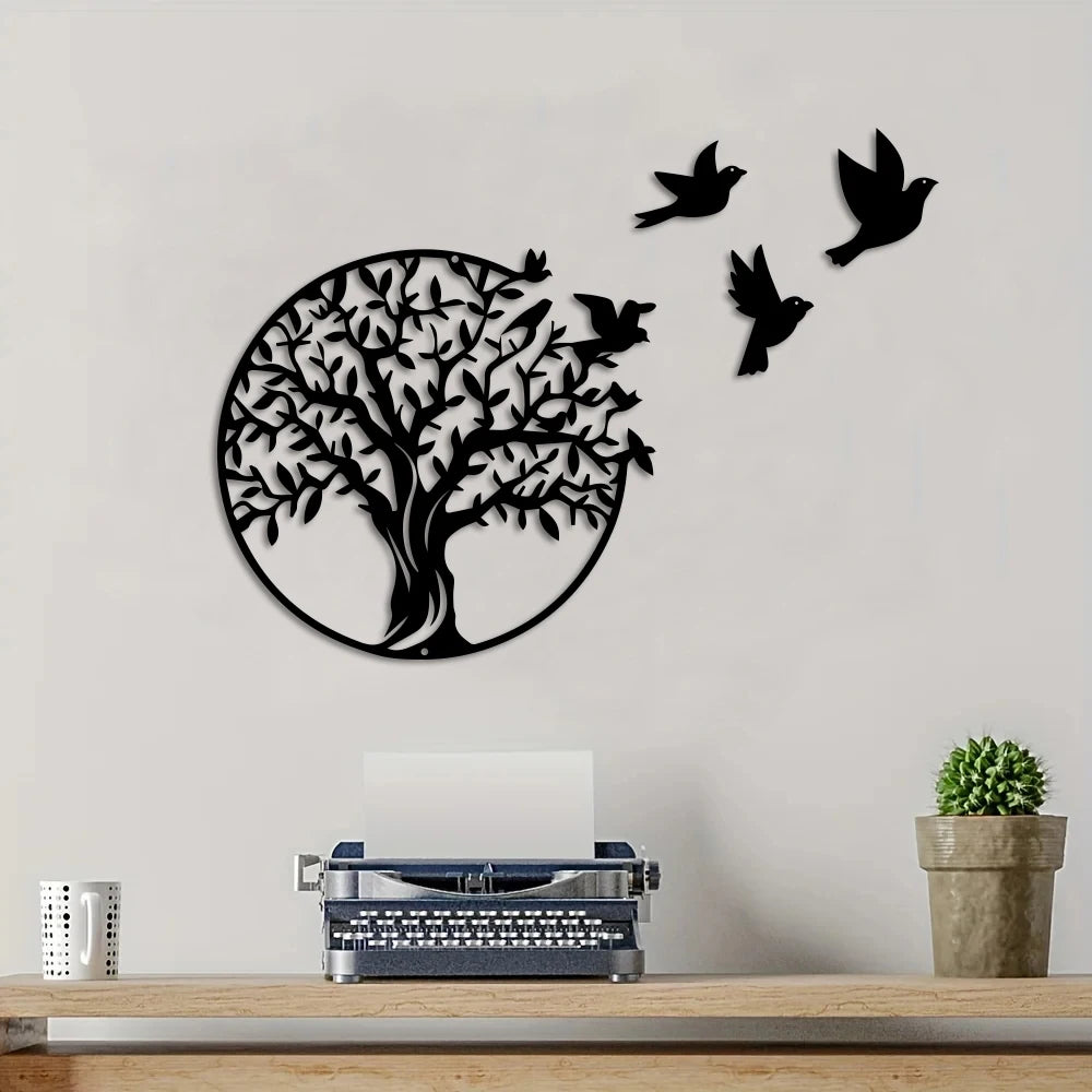 Tree of Life and Flying Birds Metal Wall Art
