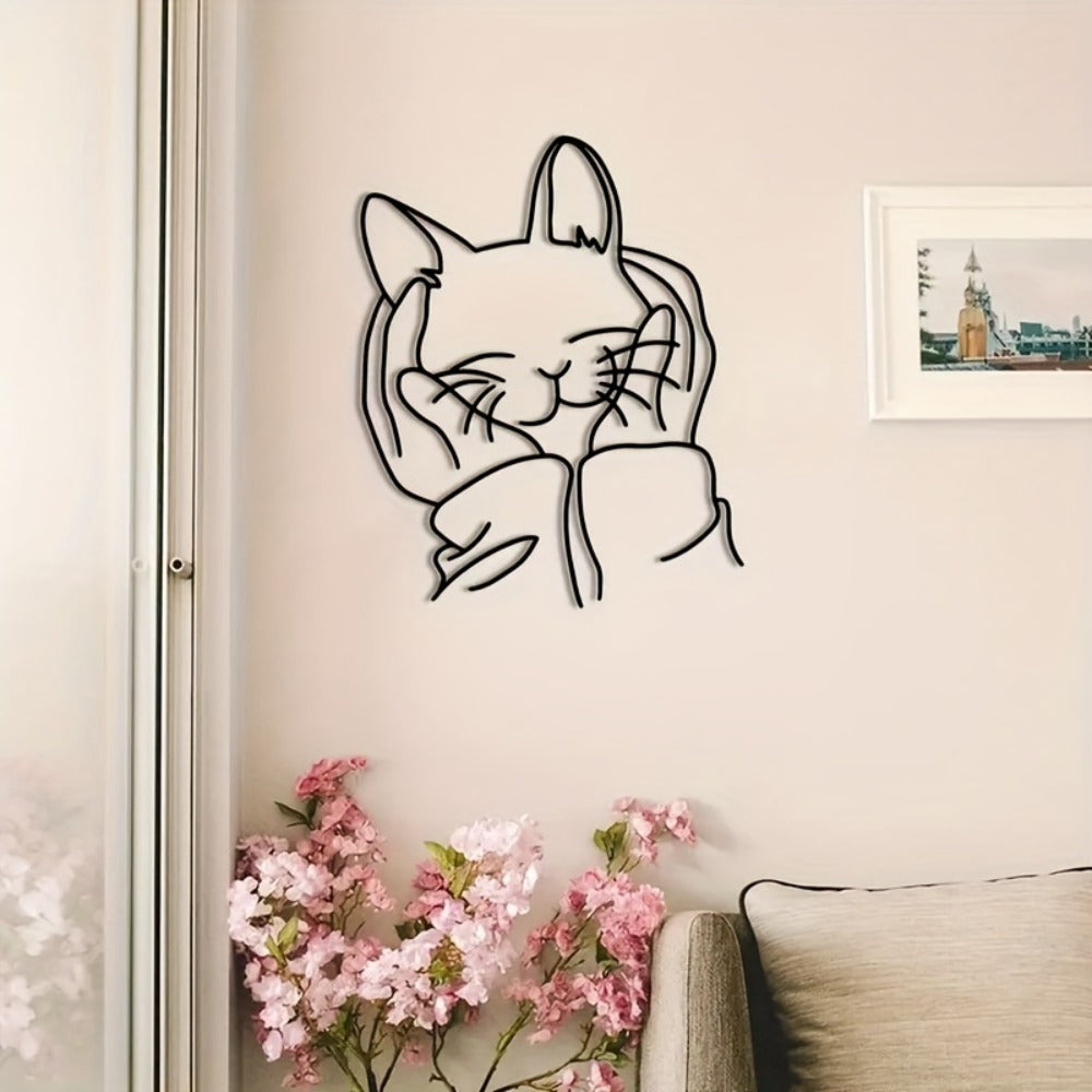 Human & Cat Bond Line Art Metal Wall Art