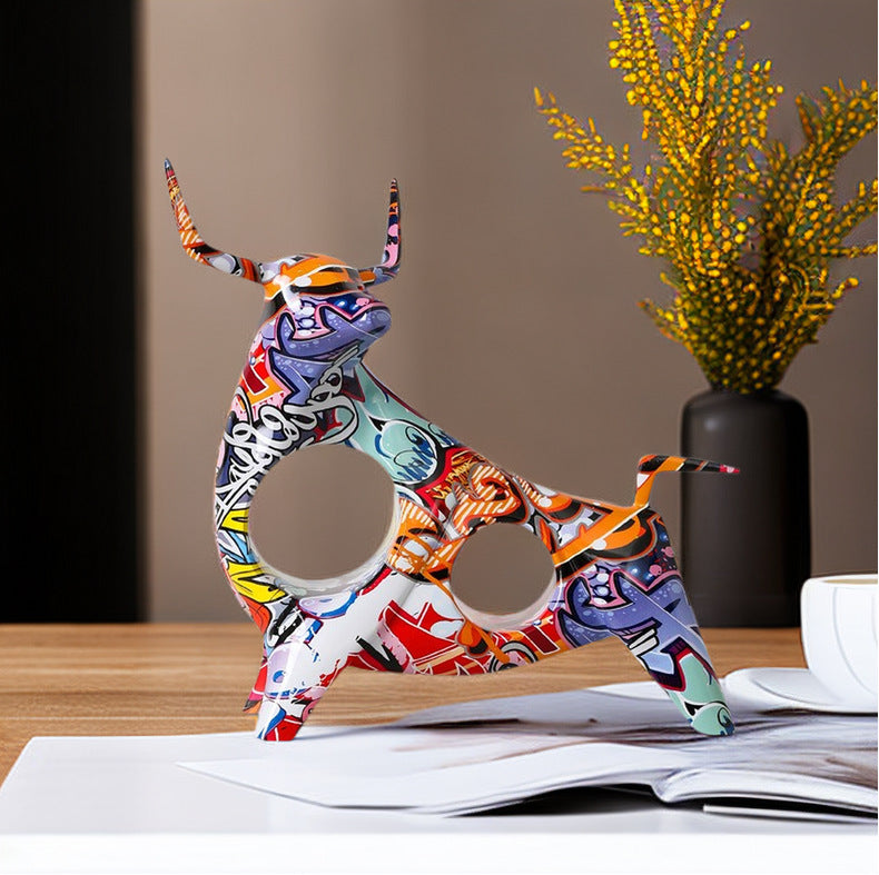 Colorful Graffiti Bull Sculpture