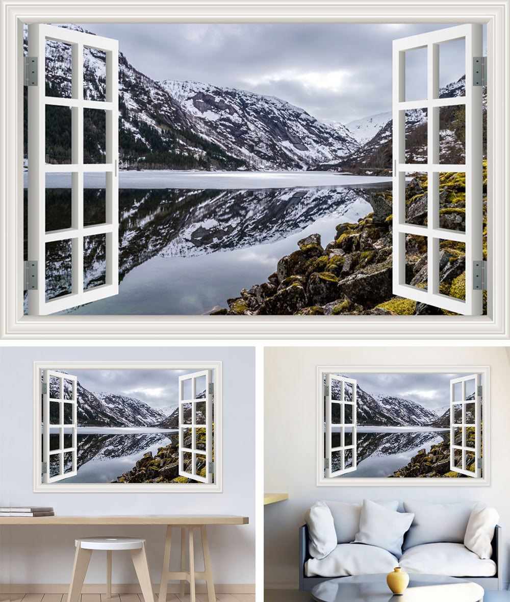 3D Window View Wall Sticker in Nordic Fjord Winter