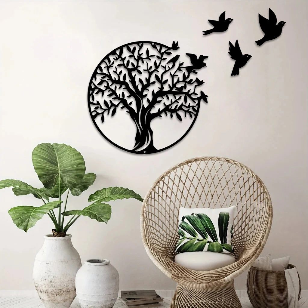 Tree of Life and Flying Birds Metal Wall Art