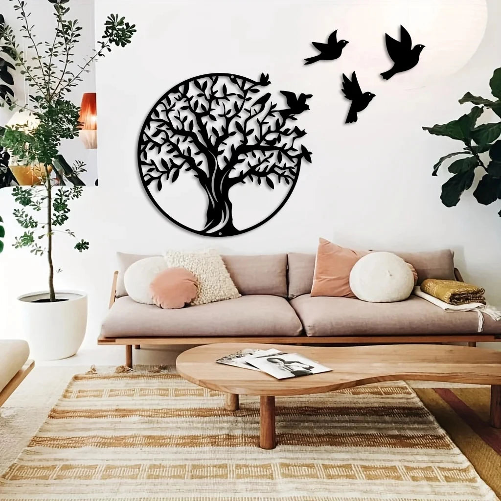 Tree of Life and Flying Birds Metal Wall Art