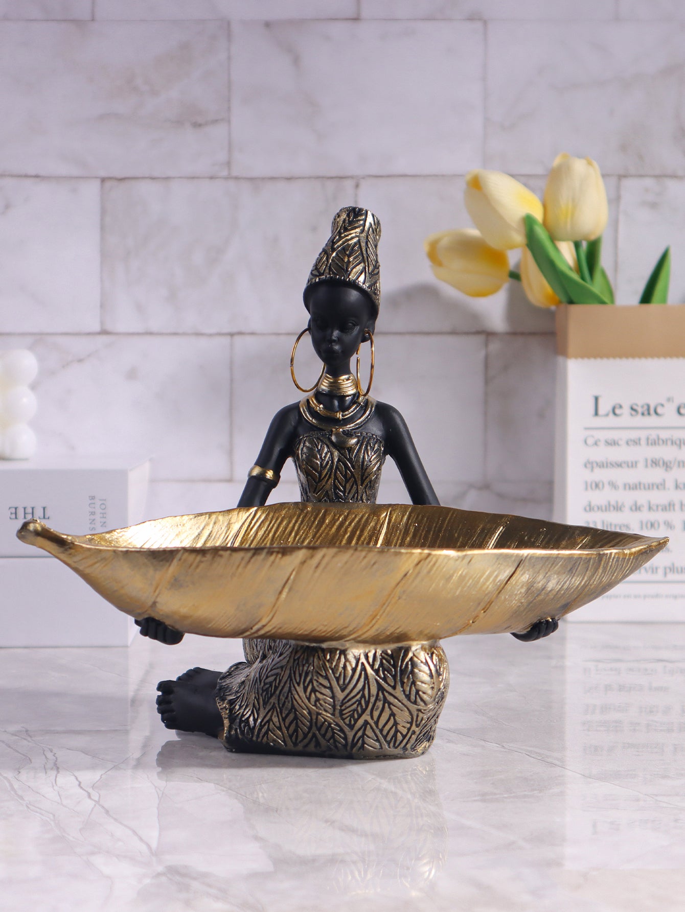 African Tribal Woman Butler Tray Sculpture