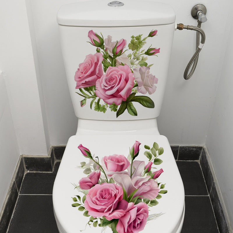 Pink Rose Floral Toilet Decoration Sticker Set