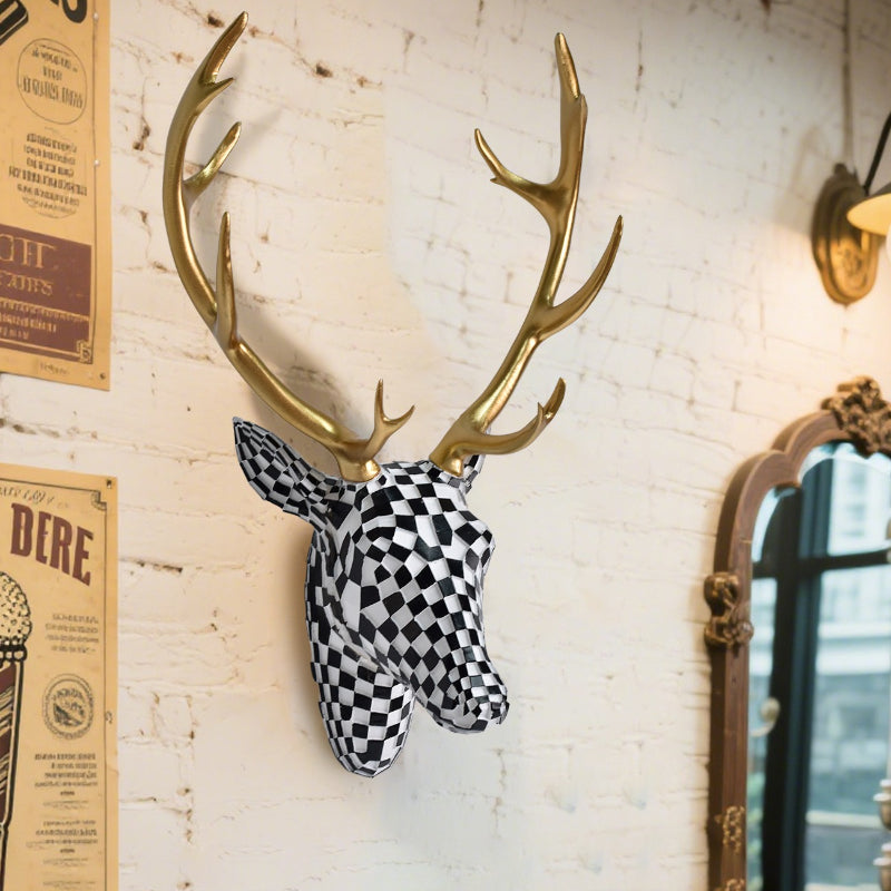 Modern Checkered Deer Head Wall Sculpture
