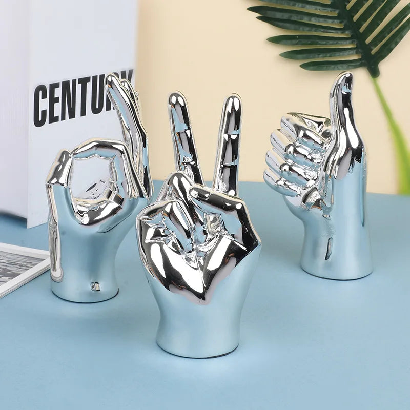 Modern Chrome Hand Gesture Sculpture Set