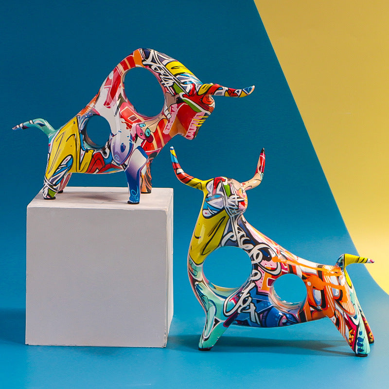 Colorful Graffiti Bull Sculpture
