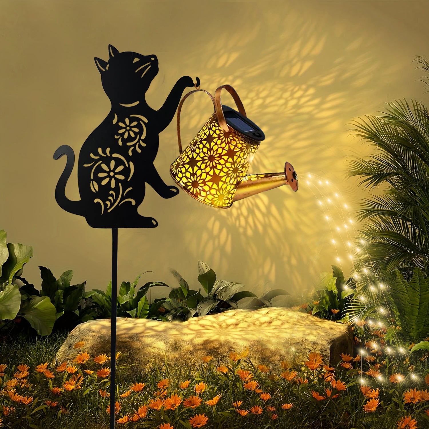 Solar Cat Watering Can Garden Light Decoration