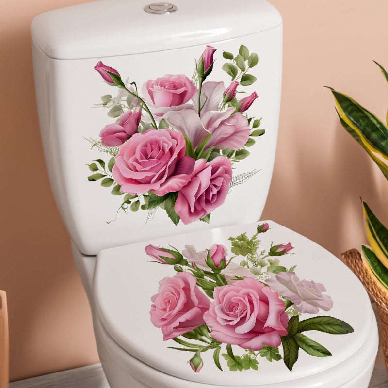Pink Rose Floral Toilet Decoration Sticker Set