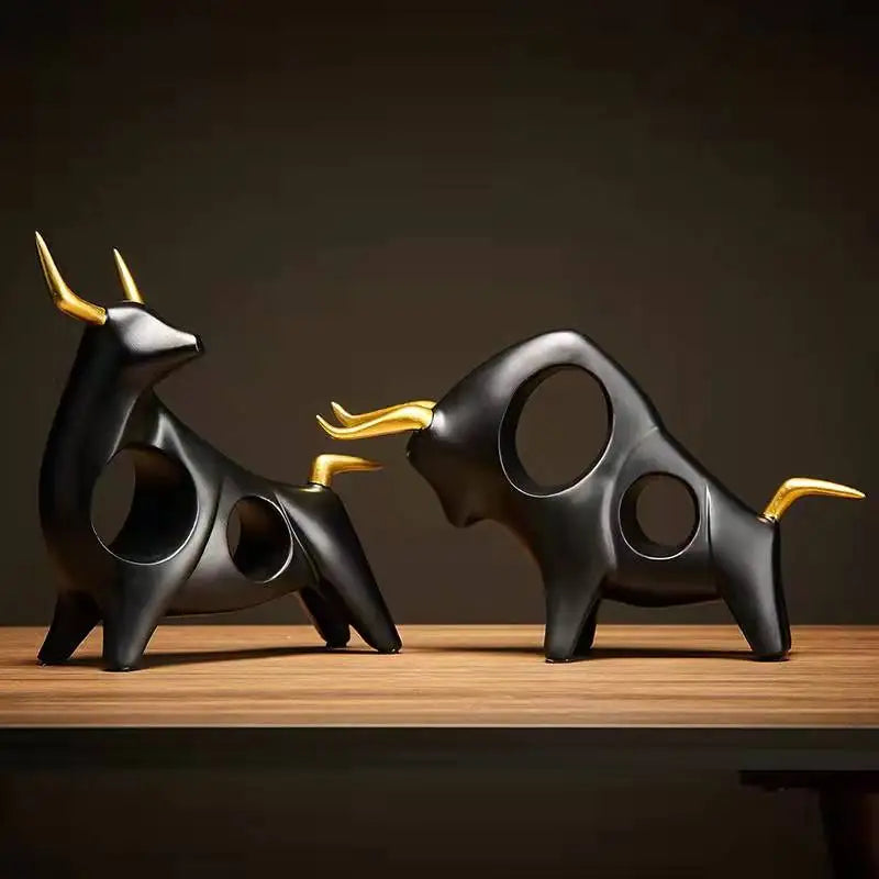 Modern Geometric Black & Golden  Bull Sculpture