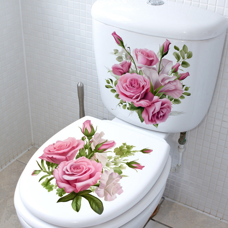 Pink Rose Floral Toilet Decoration Sticker Set