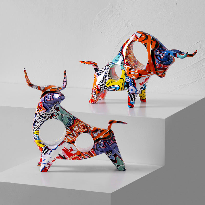 Colorful Graffiti Bull Sculpture