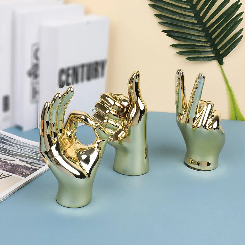 Modern Golden Hand Gesture Sculpture Set