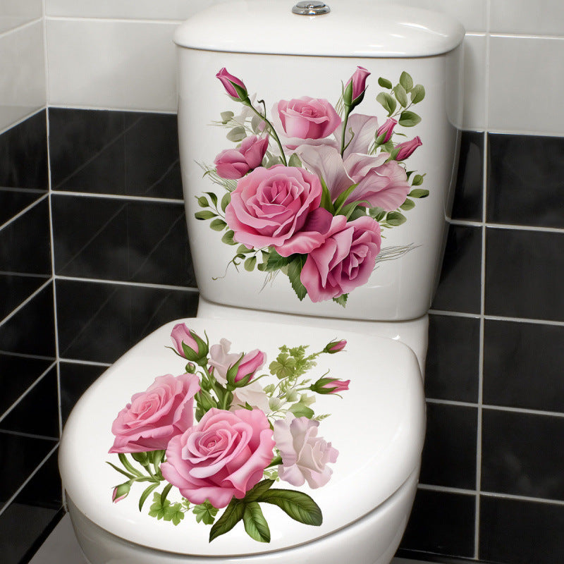 Pink Rose Floral Toilet Decoration Sticker Set