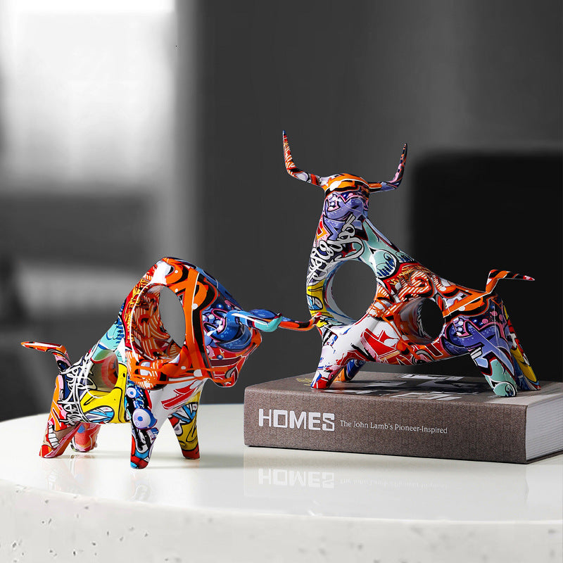 Colorful Graffiti Bull Sculpture