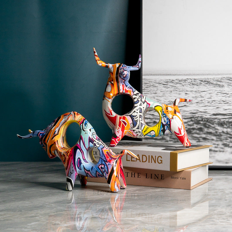 Colorful Graffiti Bull Sculpture