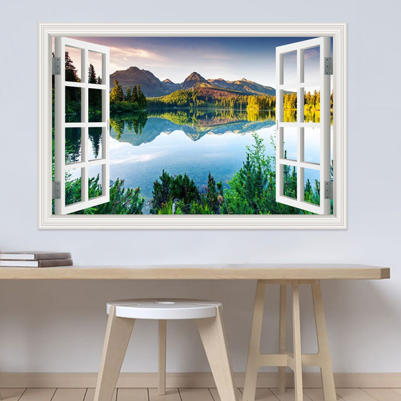 3D Window View Wall Sticker in Alpine Lake Dawn