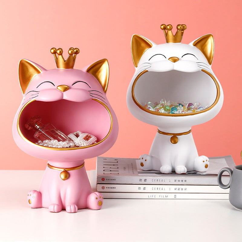 Cute Cat Crown Storage Bowl Statue