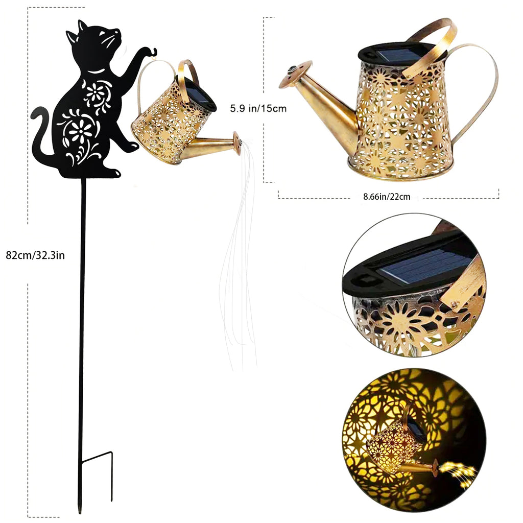 Solar Cat Watering Can Garden Light Decoration