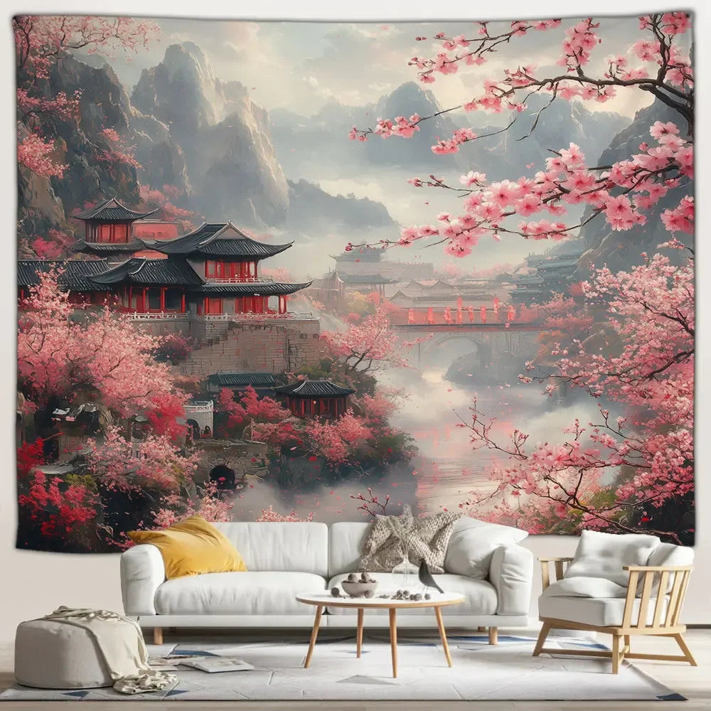 Blossom Village Japanese Landscape Tapestry