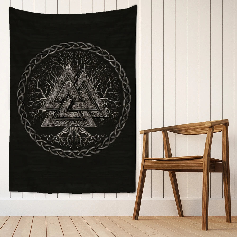 Yggdrasil Valknut Chain Circle Tapestry