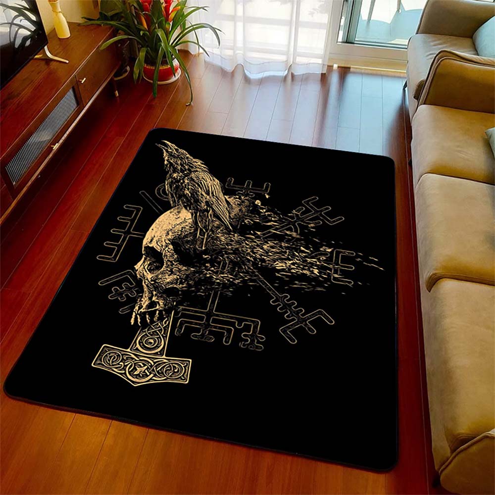Norse Raven Skull Mjolnir Area Rug