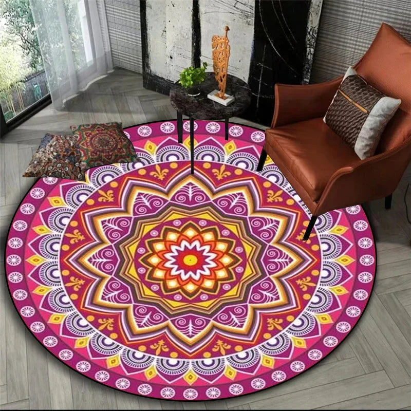 Sunset Mandala Round Rug in Magenta and Gold