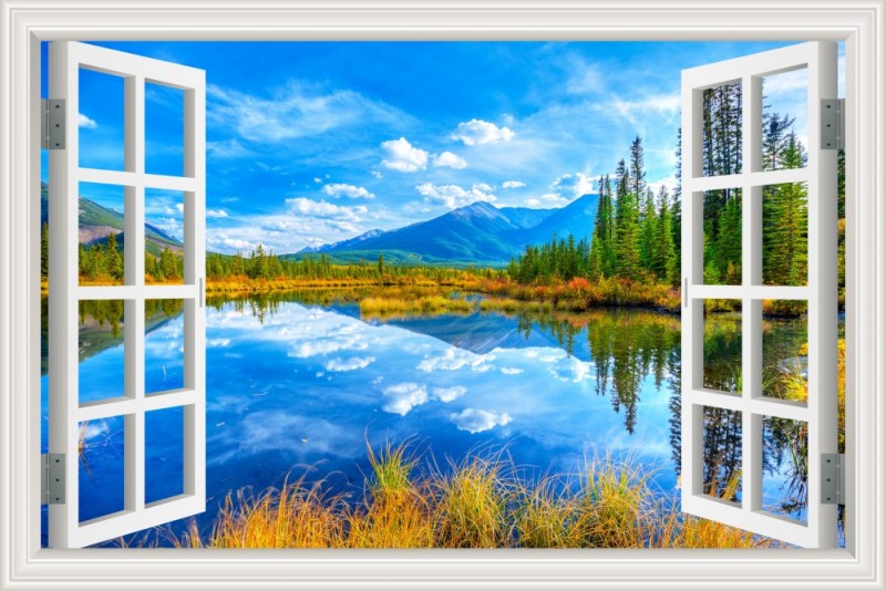 3D Window View Wall Sticker in Autumn Wilderness Reflections