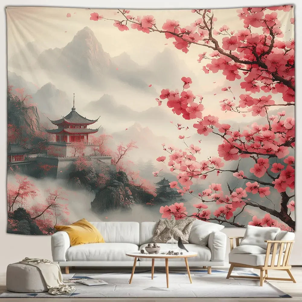 Misty Pagoda Japanese Landscape Tapestry