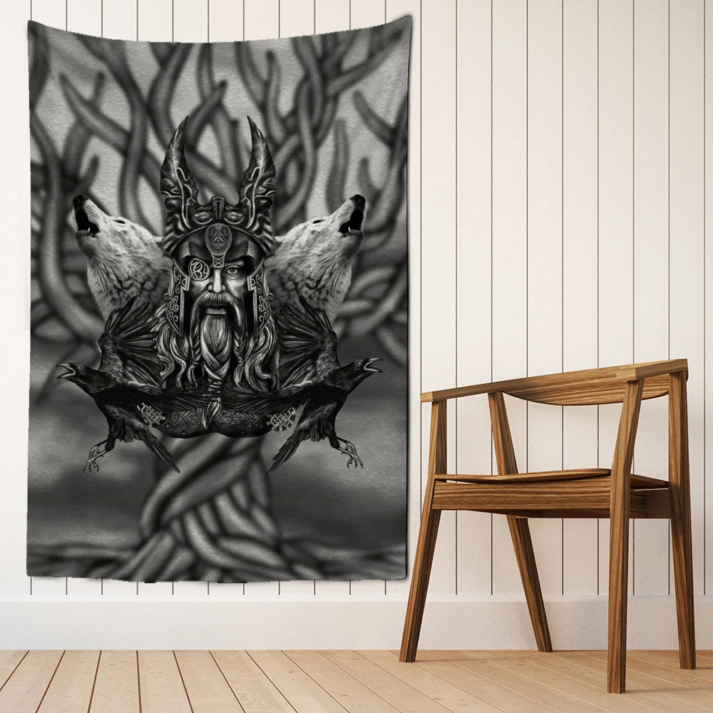 Odin Wolves Ravens Tree Tapestry