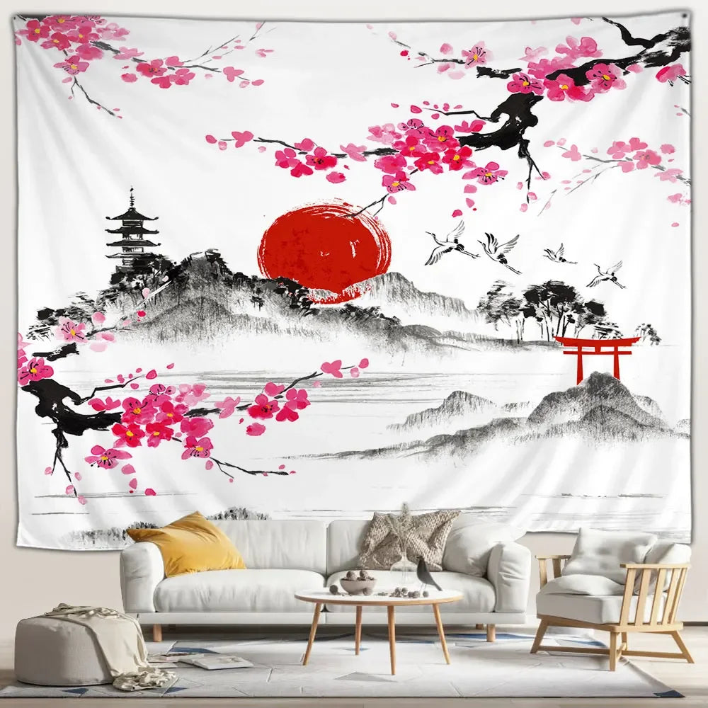 Rising Sun Japanese Landscape Tapestry
