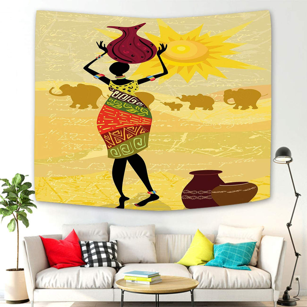 Elephant Trail African Woman Tapestry
