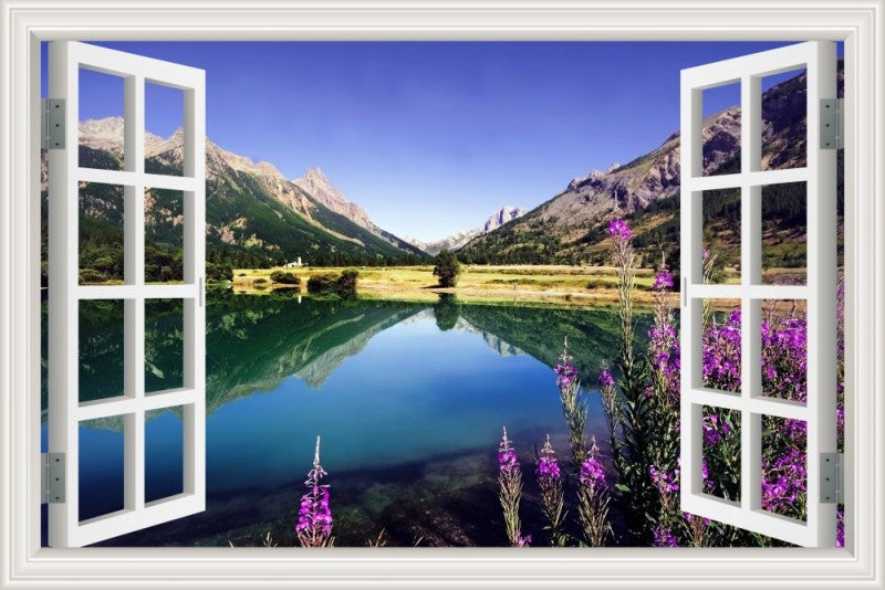 3D Window View Wall Sticker in Wildflower Mountain Lake