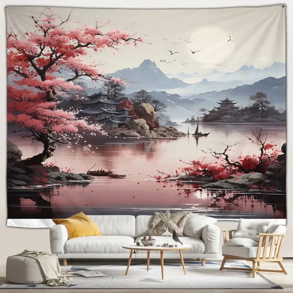 Moonlit Harbor Japanese Landscape Tapestry